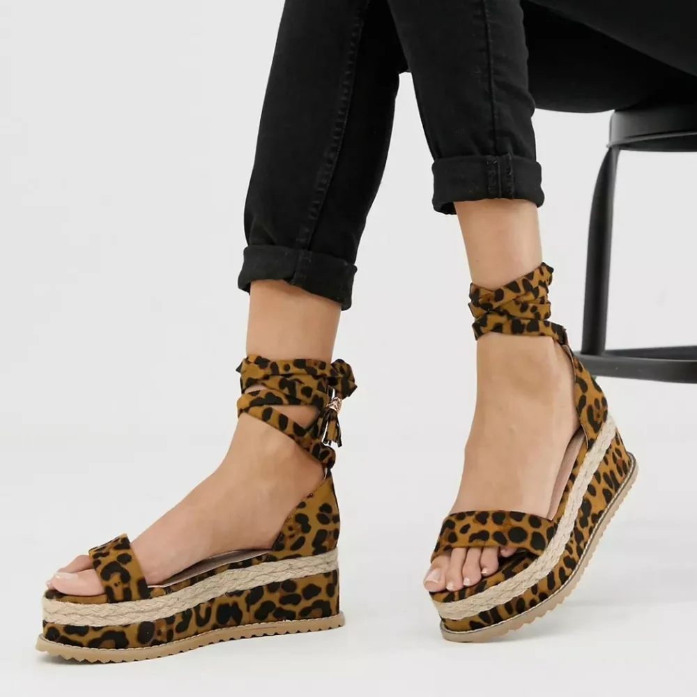 Leopard Print Espadrille Platform Sandals with Ankle Wrap